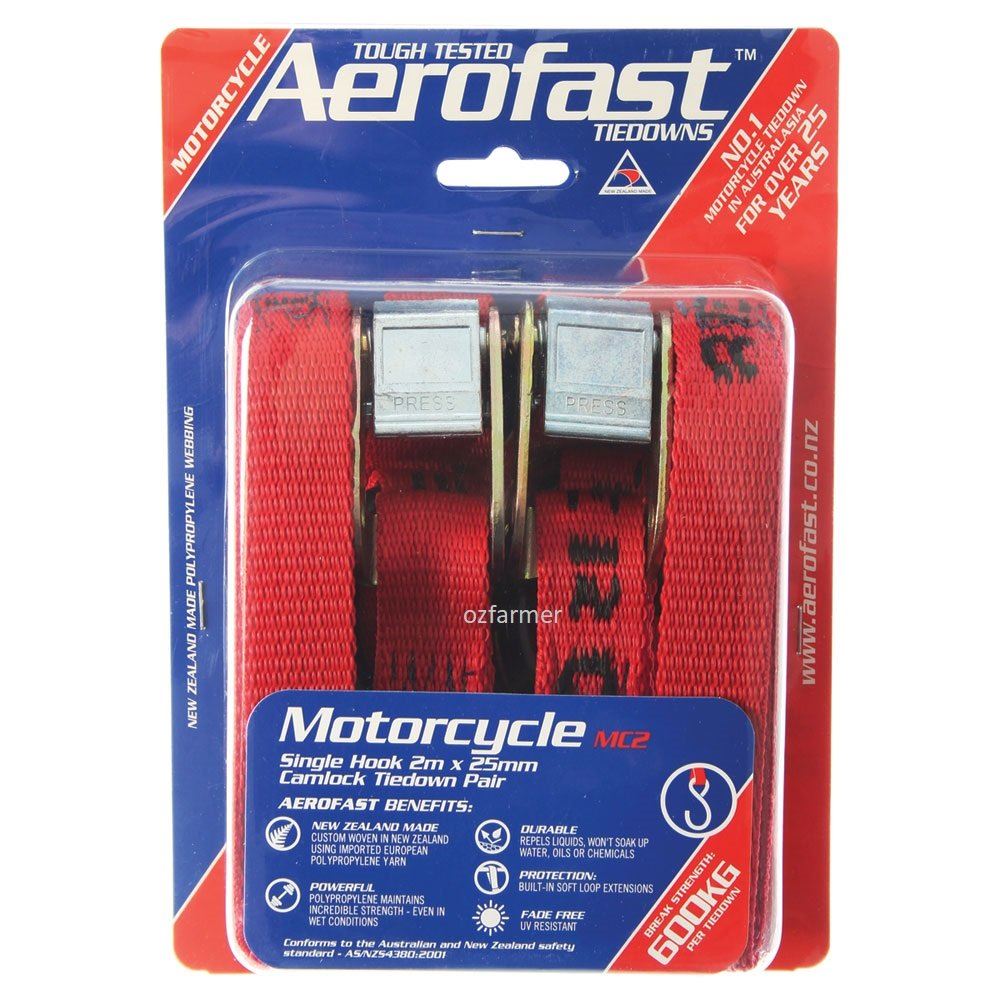 Motorcycle 25mm x 2m  Camlock Tiedown Aerofast 600kg break strength Twin Pack