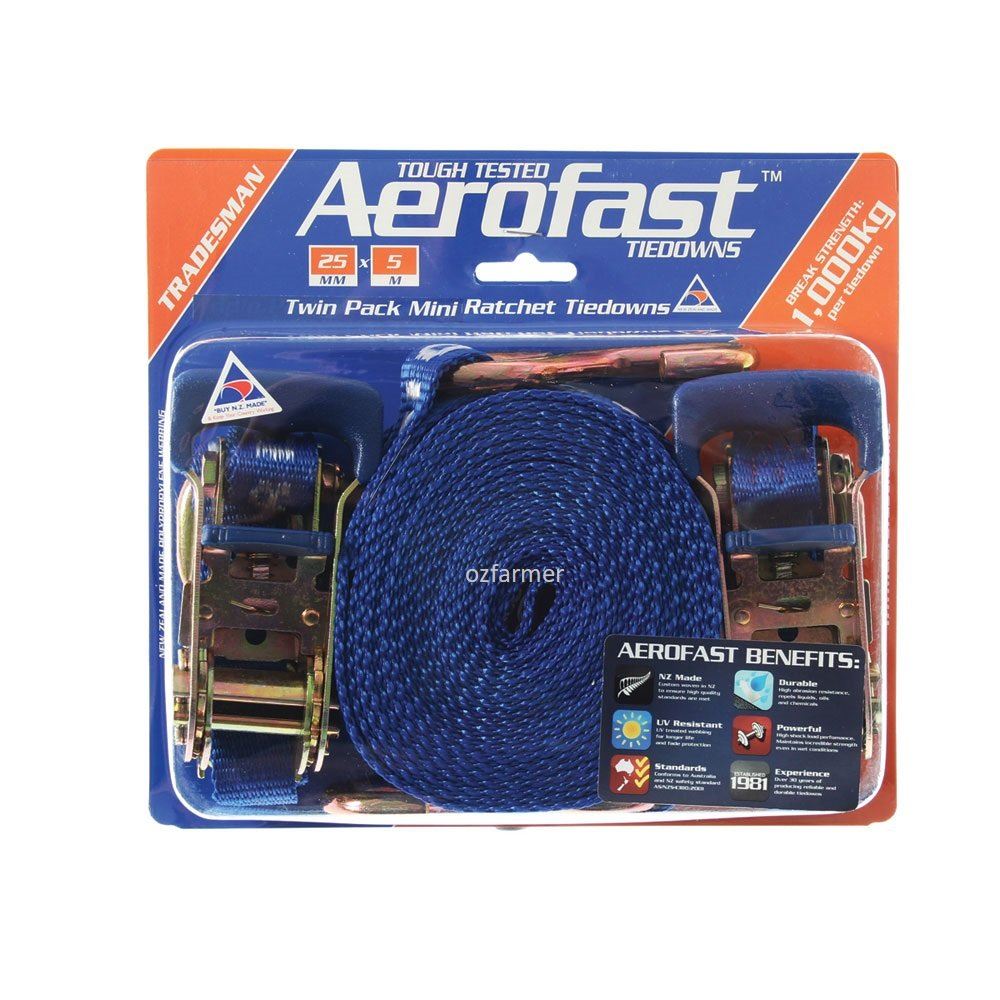 1,000kg break strength 25mm x 5m  Ratchet Tiedown Twin Pack Aerofast