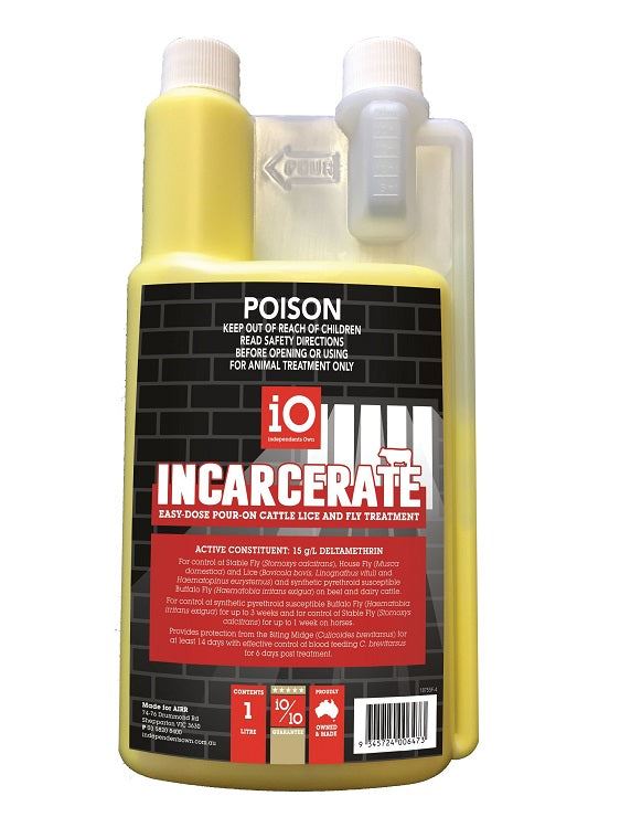 iO Incarcerate 1ltr Pour-on cattle lice and fly treatment â€“ also can be used on horses